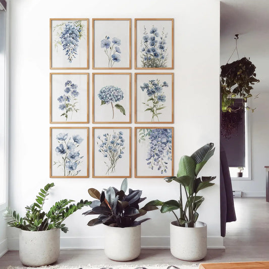 Watercolor flowers apartment decoration. Modern wildflowers poster print. Thinwood frames for living room.