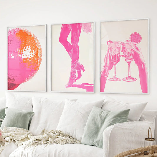 Preppy pink posters in white oak frames, set of 3 pop art prints for dorm or apartment