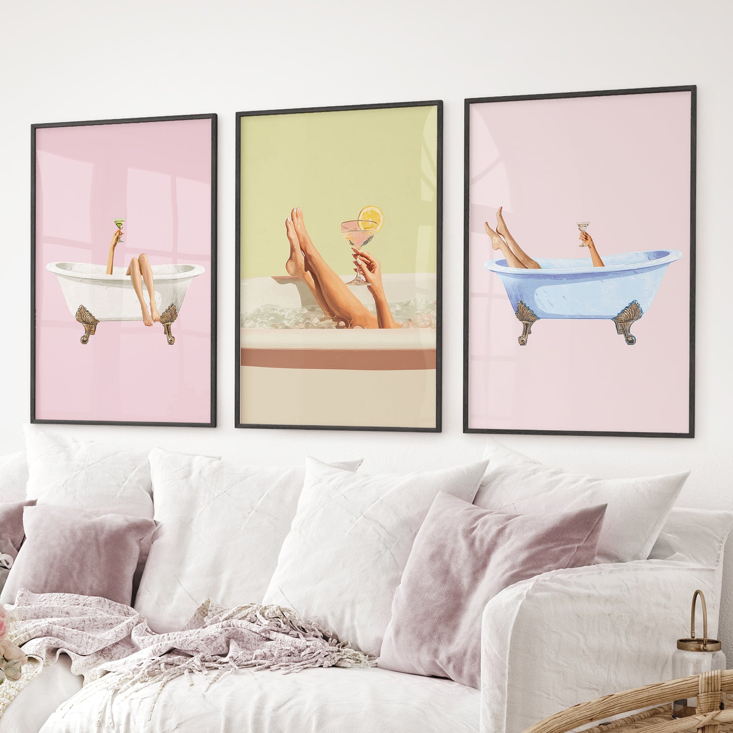Modern self-care wall decor set of 3 with cocktails in bathtubs. Black frames for living room.