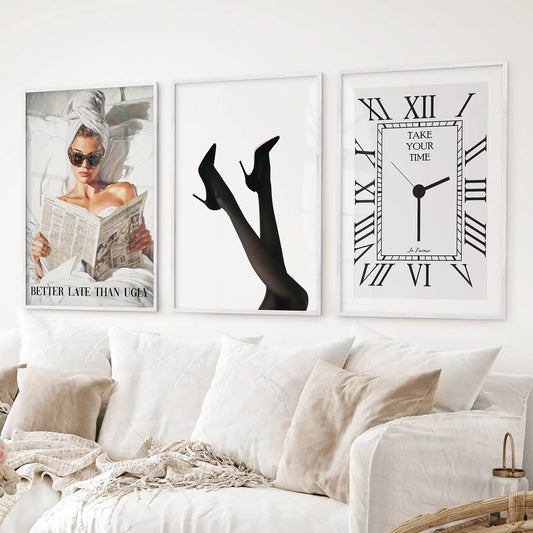 Chic glam wall decor with luxury fashion poster set. Elegant wall art posters in black and white. White frames for living room.