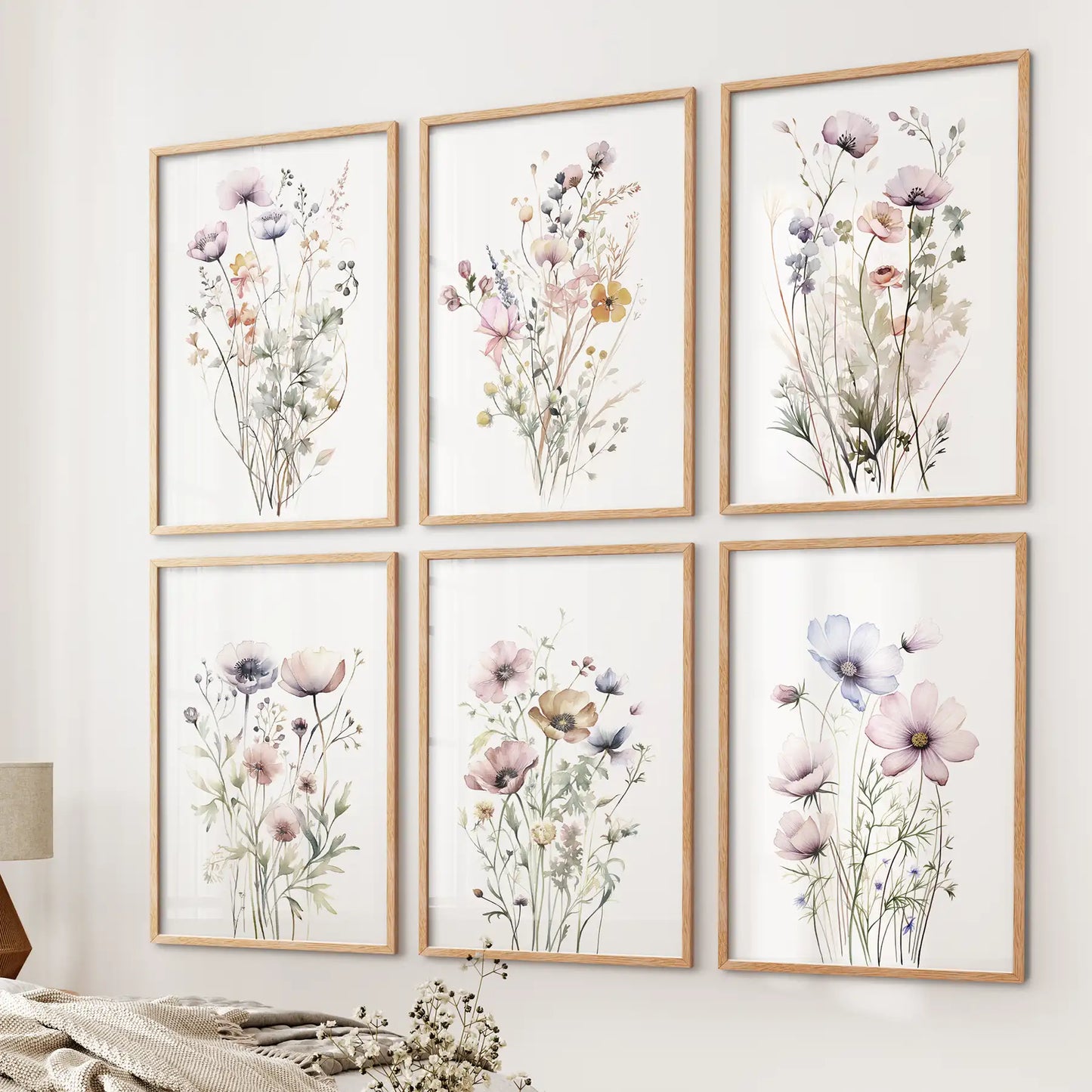 Watercolor botanical gallery wall in wood frames, set of 6 floral prints