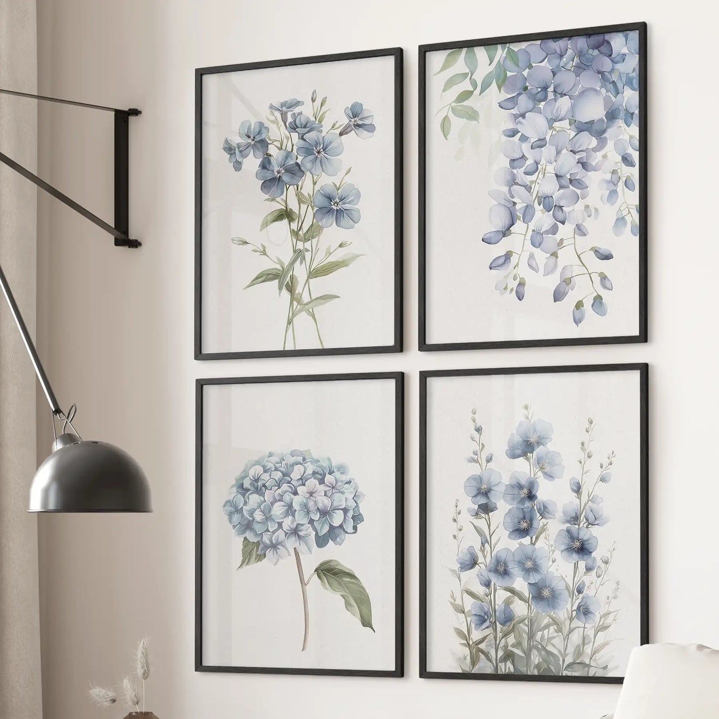 Modern large prints Hydrangea wall art. Wildflowers watercolor apartment decor set. Black frames for bedroom.