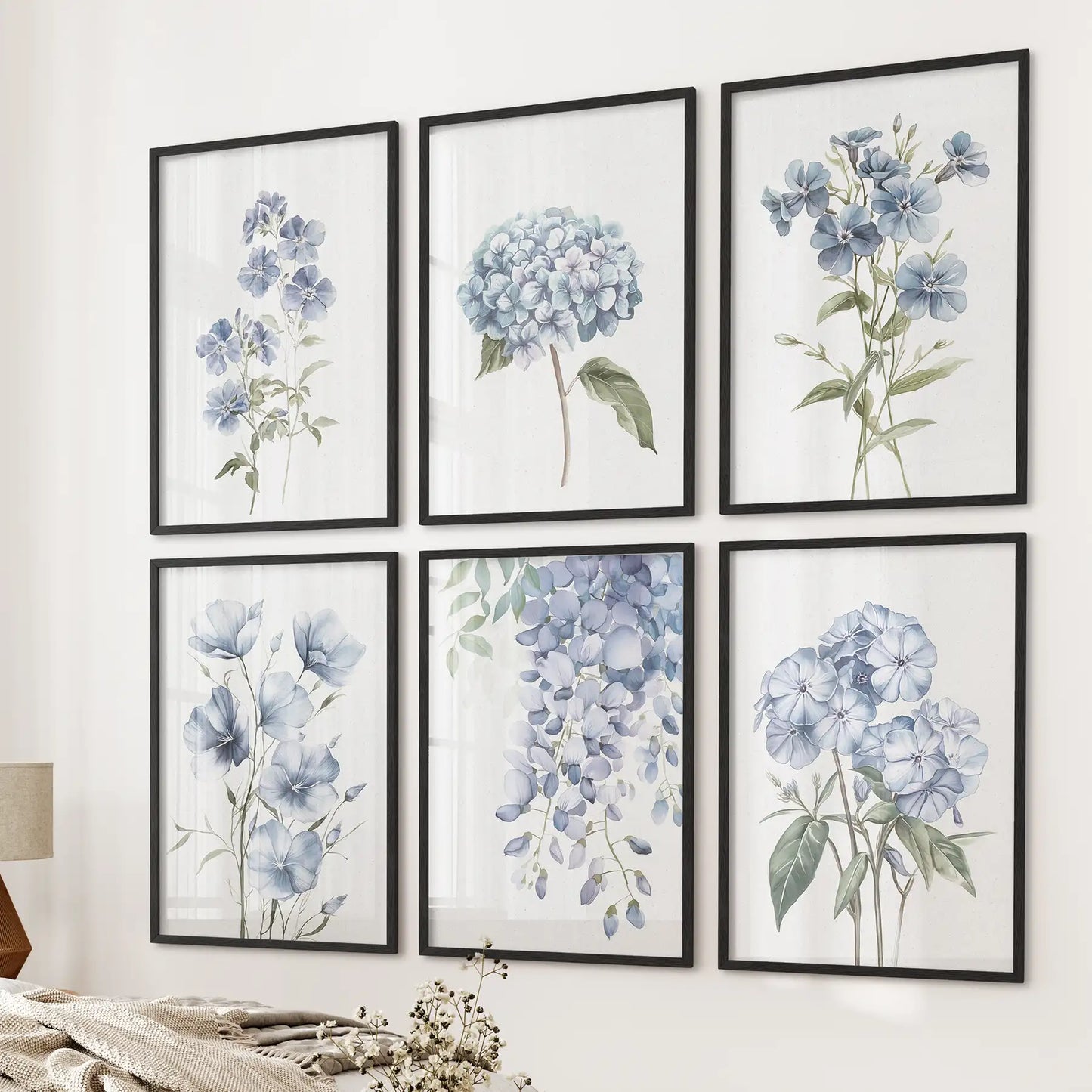 Modern 6 piece flower art set. Flax, Wisteria, wildflowers watercolor painting prints. Black frames for living room.