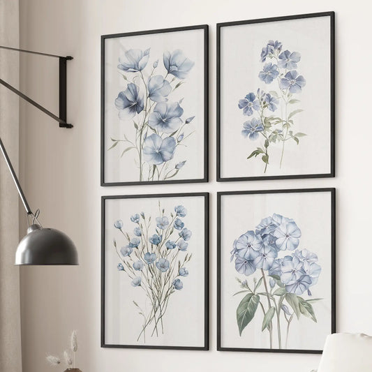 Minimalist botanical wall art featuring delicate flax blossoms. Black frames for bedroom.