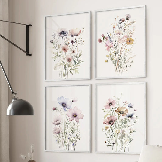 Soft flower wall decor in white frames, set of 4 botanical prints with cottagecore charm