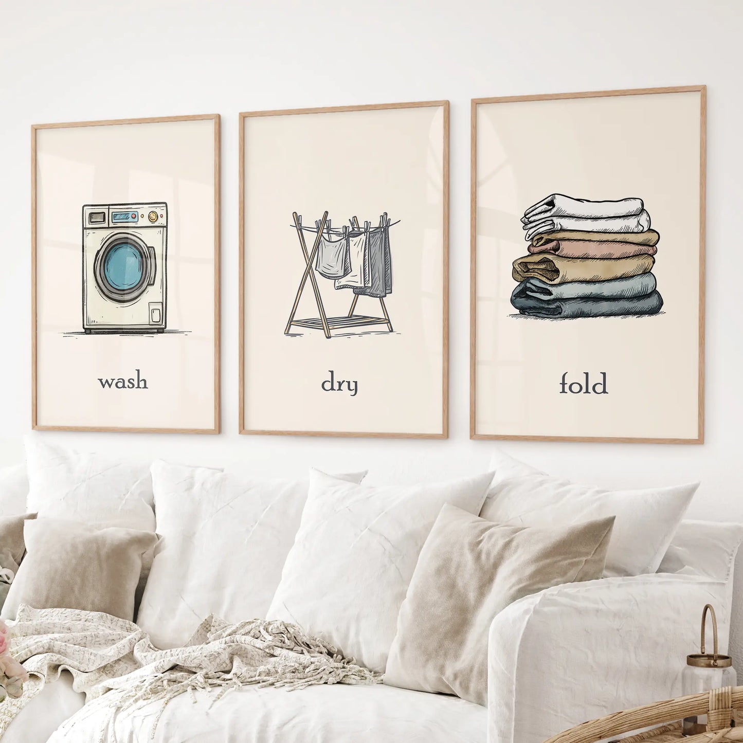 Minimalist farmhouse laundry wall art Wash Dry Fold posters. Thinwood frames over the couch.