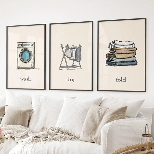 Rustic laundry wall decor farmhouse style. Wash Dry Fold laundry room decor set. Black frames for living room.