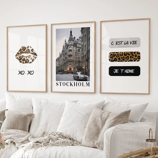 Modern black and white wall art with leopard print and city photography. Thinwood frames for living room.