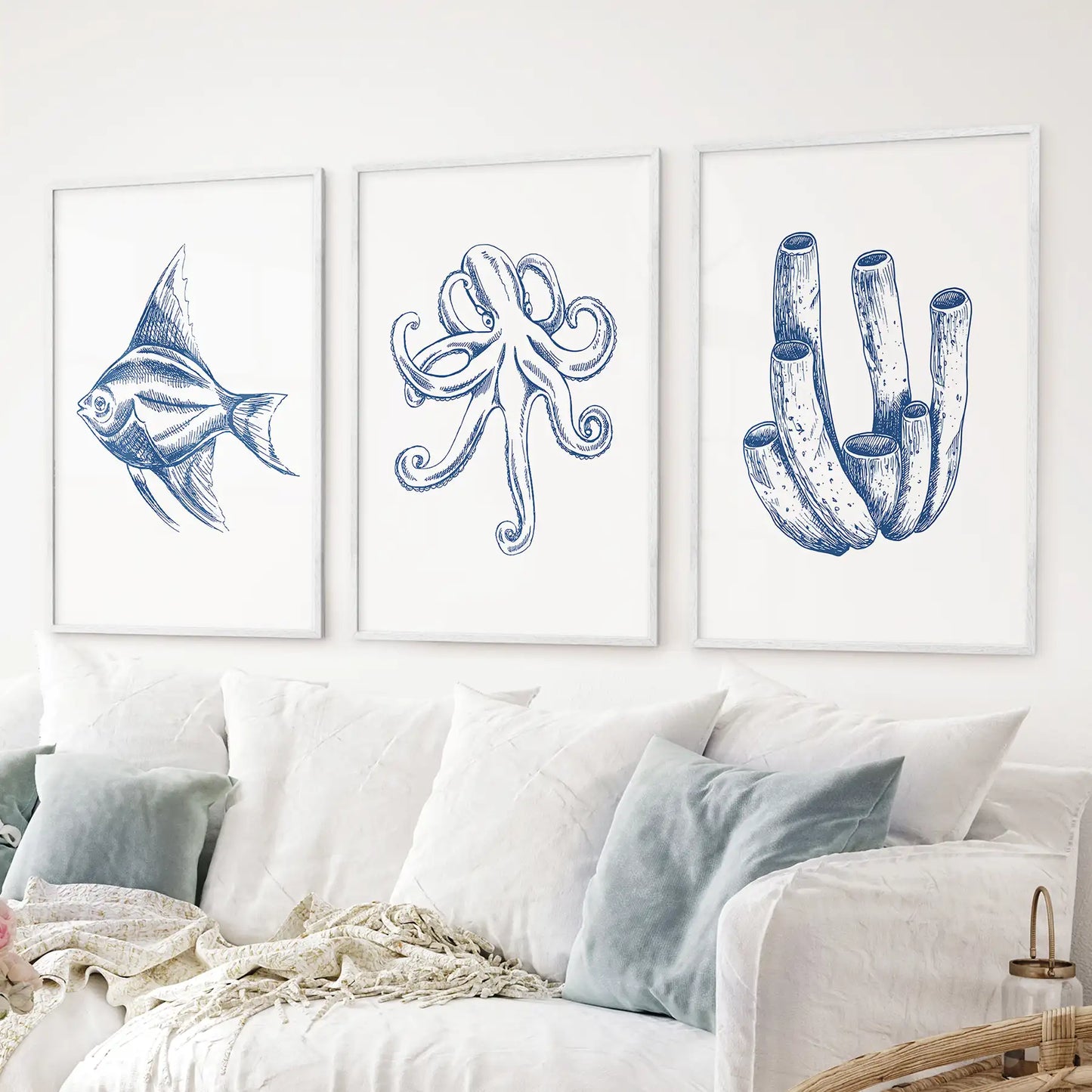 Sea life posters set of 3 marine theme artwork. Light blue marine wall decor gift. White frames for living room.