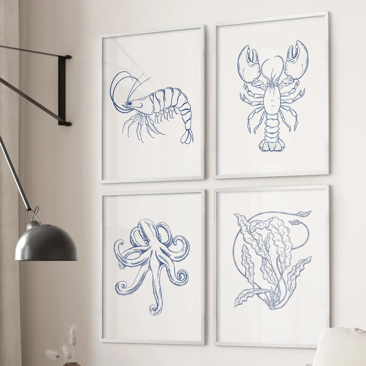 Modern nautical wall decor. Octopus, lobster,seaweed minimal art prints. White frames for apartment.