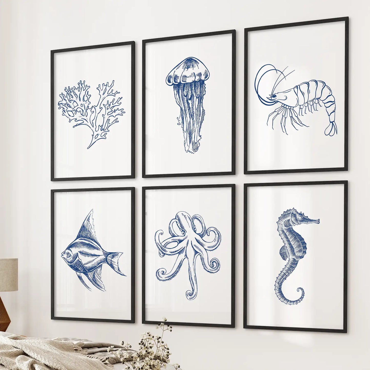 Set of 6 beach house wall decor. Trendy blue marine drawing prints. Black frames for bedroom.