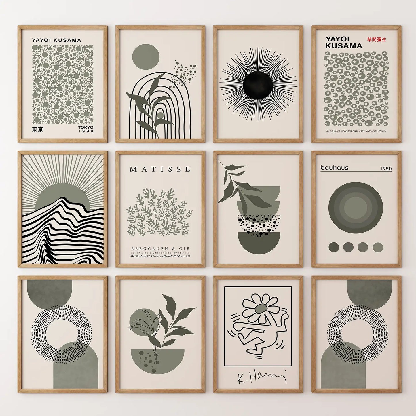 Yayoi Kusama, Matisse abstract wall art prints. Trendy set of 12 Japandi decor. Thinwood frames for bedroom.