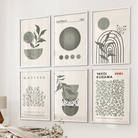 White framed gallery wall of 6 sage green posters inspired by Kusama and Matisse