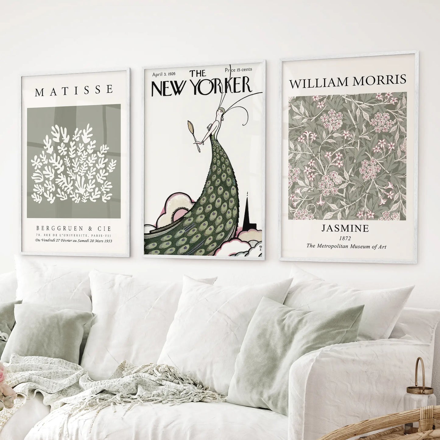 Botanical wall art set featuring William Morris Jasmine design. White frames for living room.