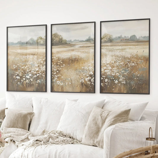 Country style nature wall decor with soft wildflower field illustrations. Black frames for living room.