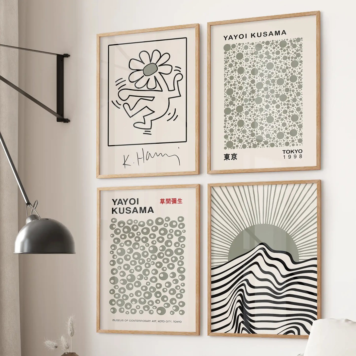 4 piece abstract and pop art wall print set featuring Yayoi Kusama dots and Keith Haring flower figure. Thinwood frames for living room.
