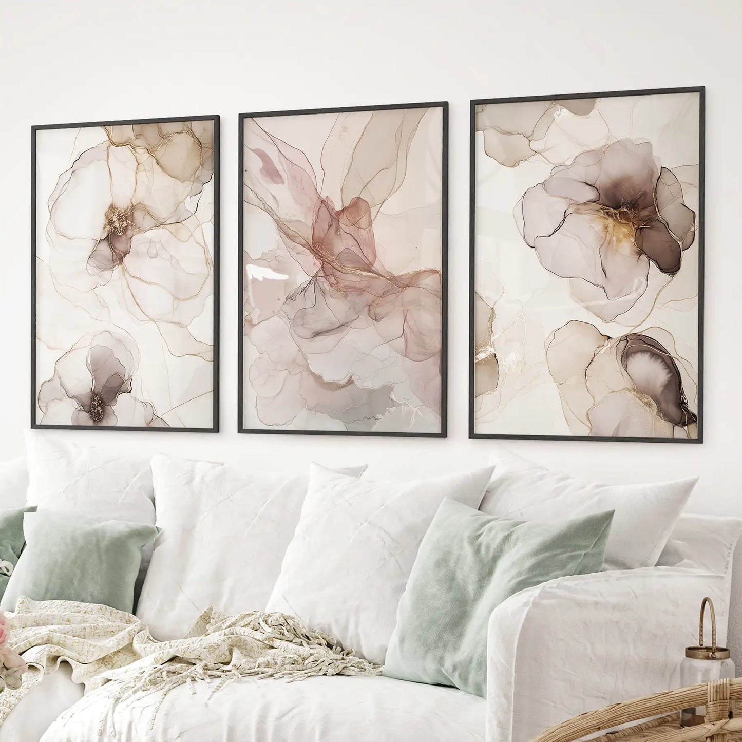 Set of 3 black framed abstract prints, neutral home decor for bedroom or living room