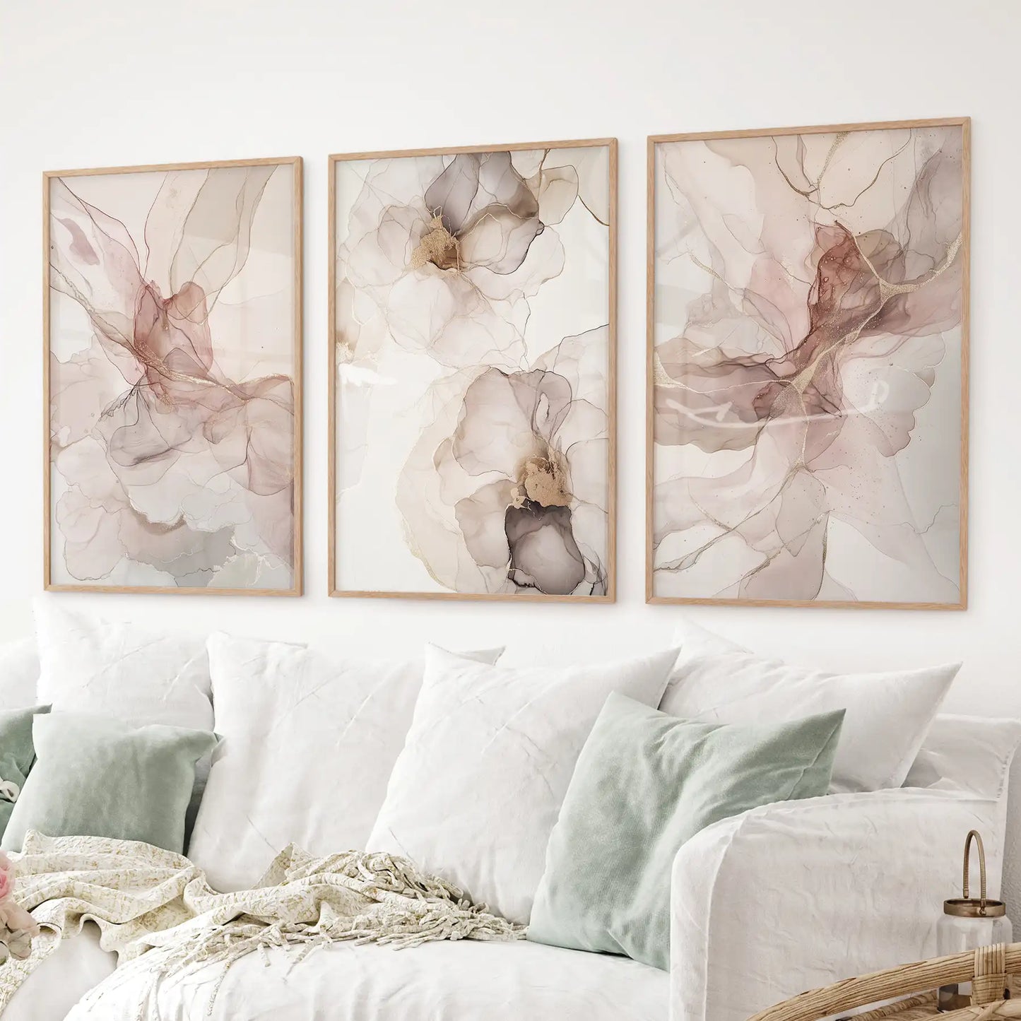 Neutral abstract watercolor prints in wood frames, minimalist set of 3 for bedroom