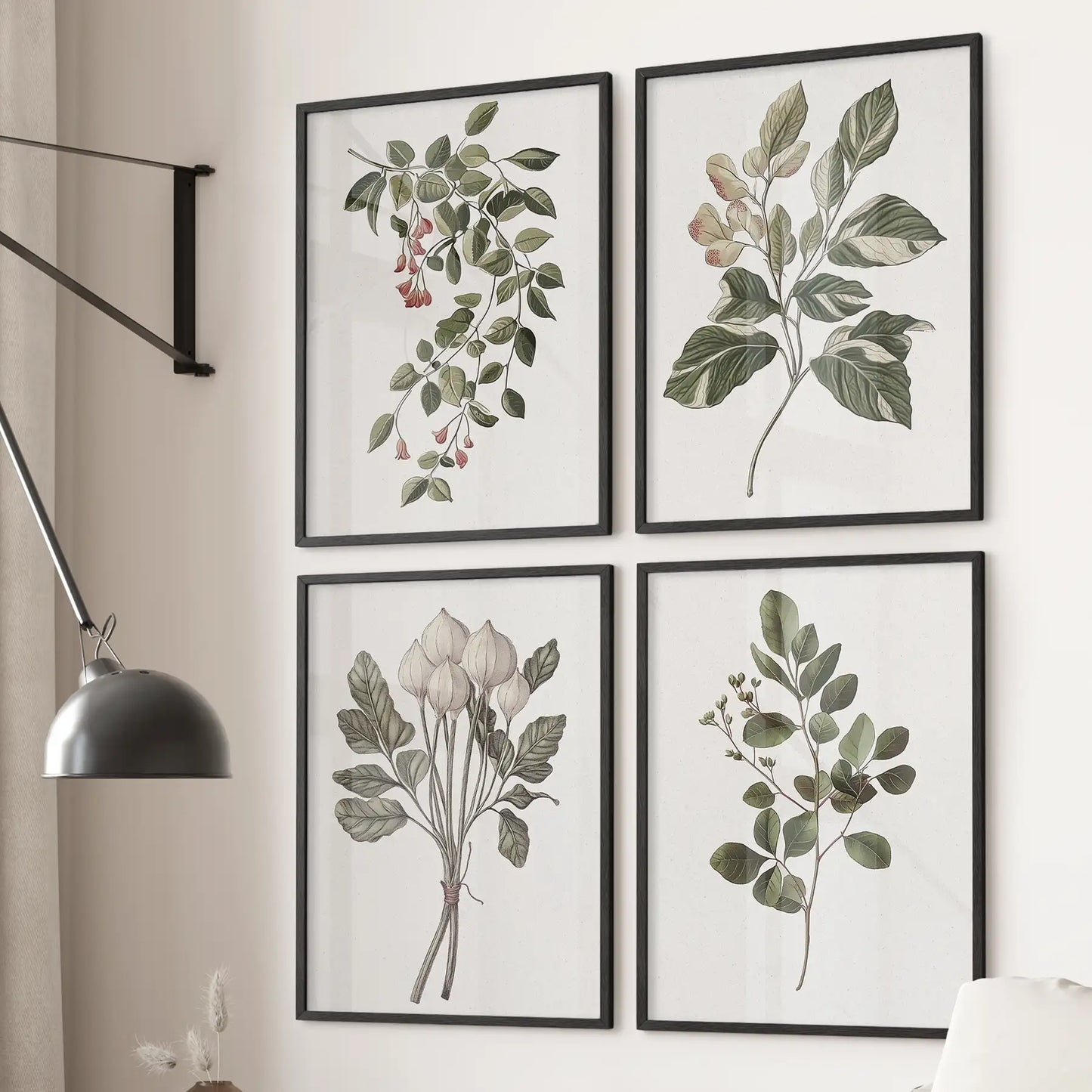 French country farmhouse prints. Trendy flowers wall art. Black frames for bedroom.
