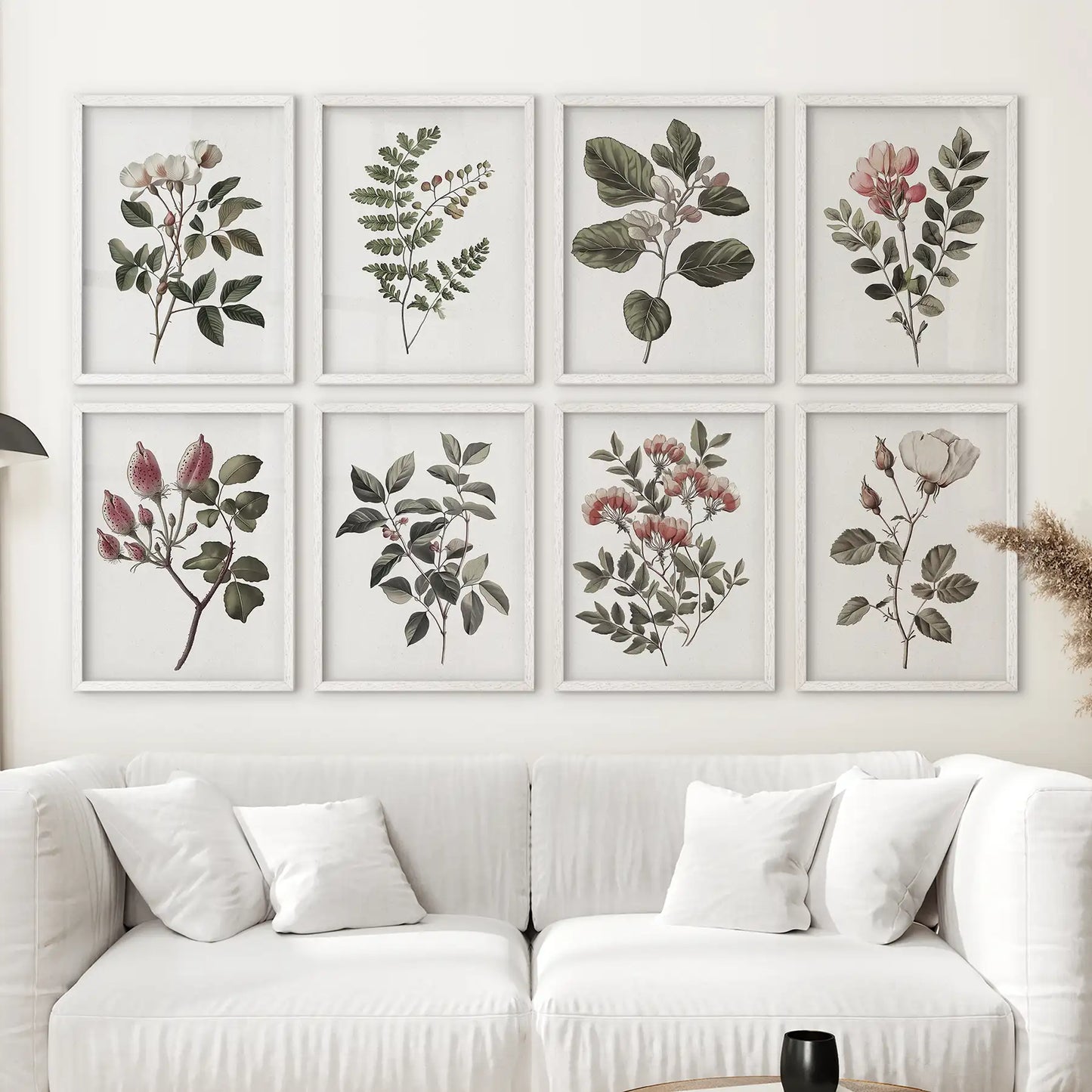 Wild rose modern art decor. Botanical set of 8 prints apartment decoration. White frames for living room.