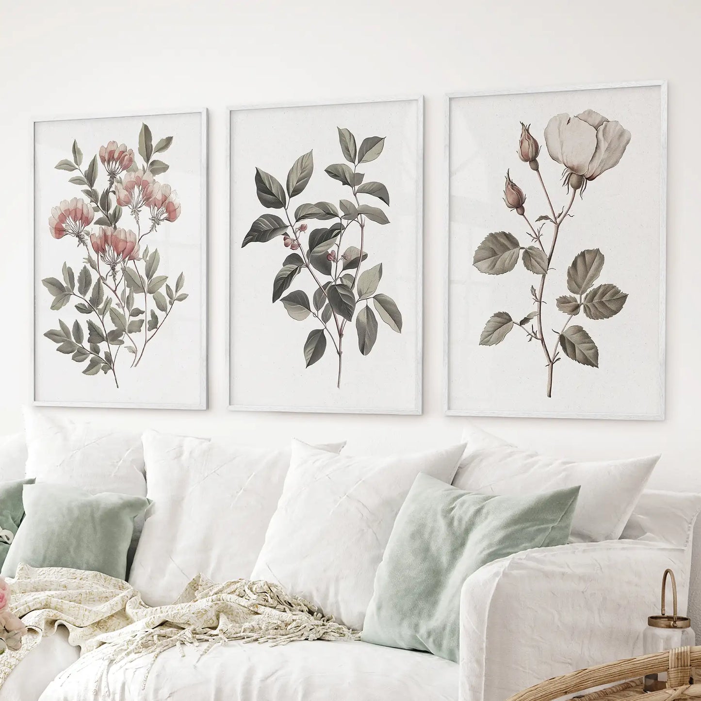 Cottagecore home decor poster. Garden plants watercolor set of 3 piece. White frames over the couch.