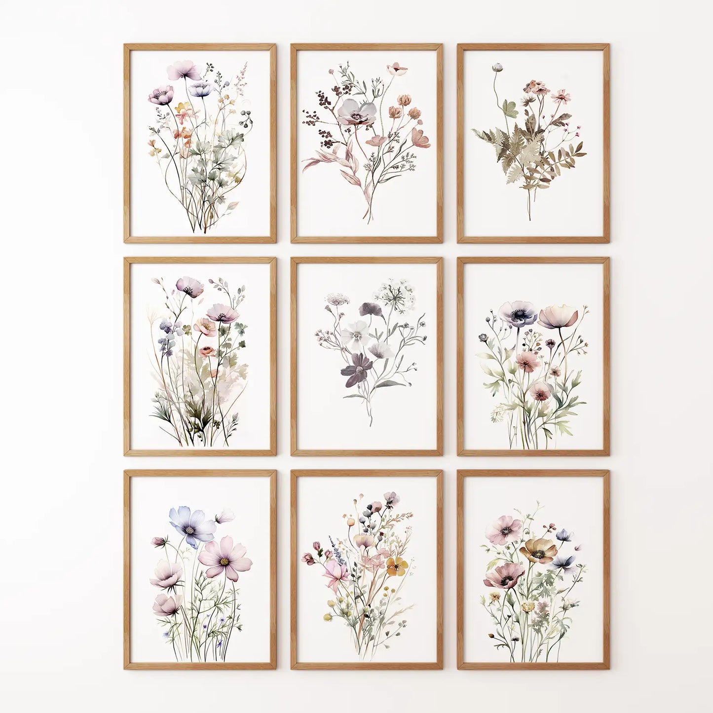 Boho style botanical prints in soft neutral tones. Gallery wall set of 9 prints. Thinwood frames for bedroom.