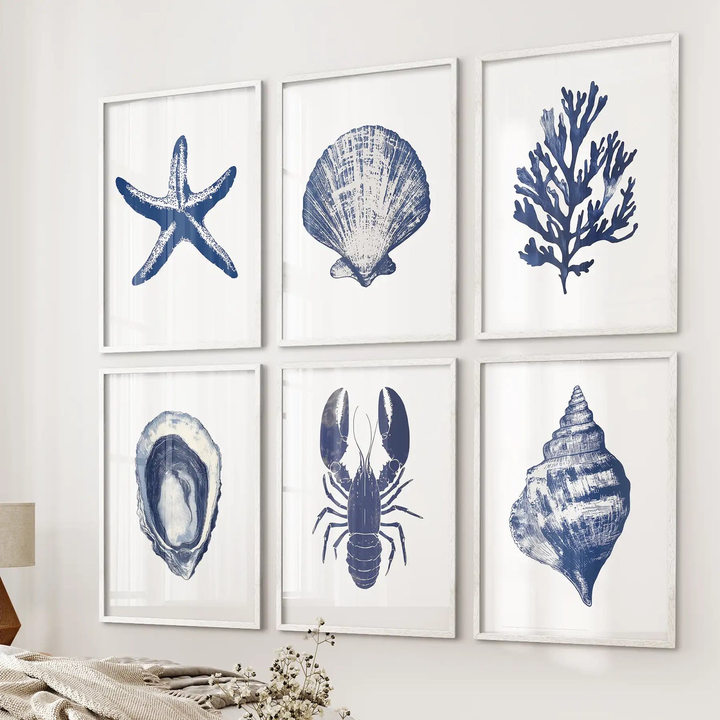 Set of six blue and white nautical themed. Sea life minimalist contemporary poster print. White frames for bedroom.