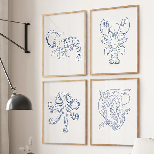 Neutral beach bathroom decor. Marine animals line art set of 4 piece. Wood frames for living room.