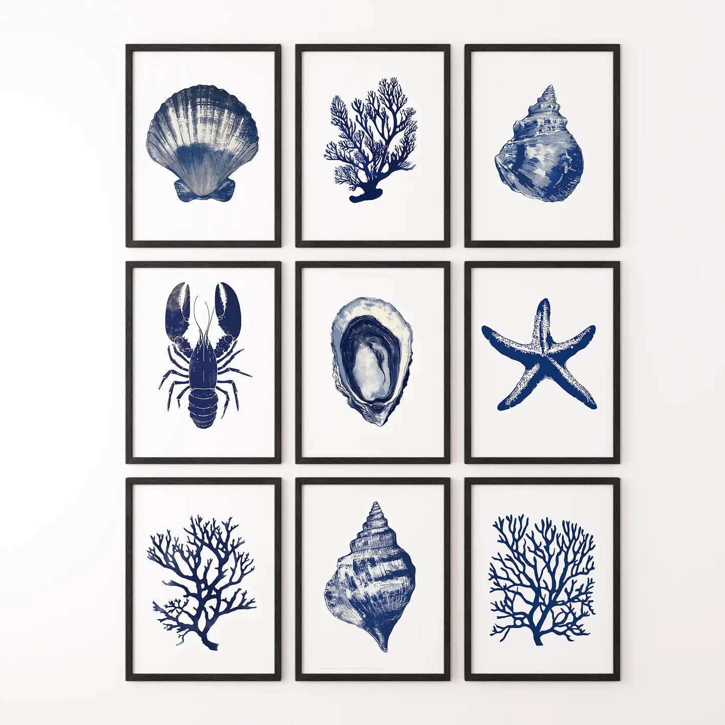 Modern beach art set of 9 piece. Watercolor nautical bundle art prints. Black frames for beach house.