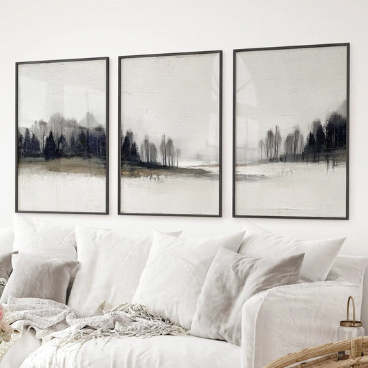 Scandinavian neutral wall art set of 3 forest landscapes. Modern watercolor posters. Black frames for living room.