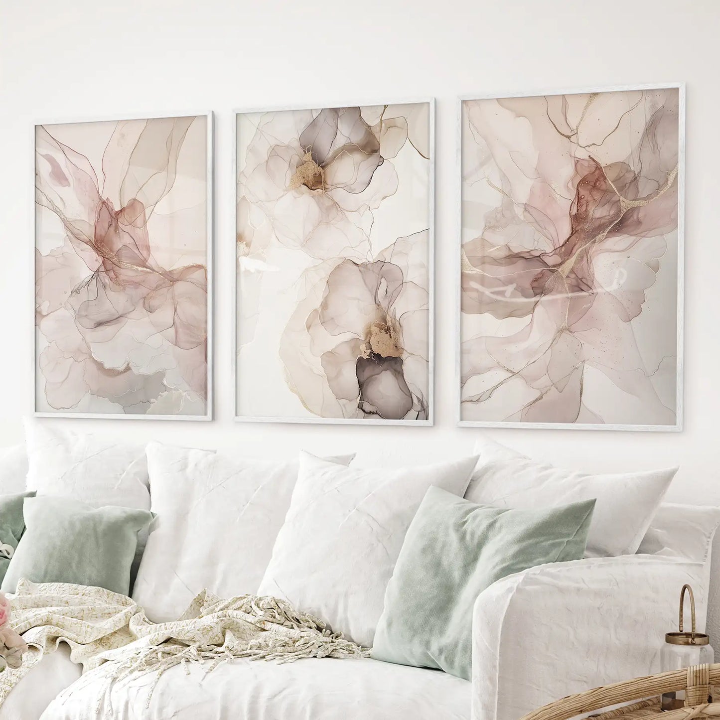 Mid-century inspired shapes in white oak frames, soft abstract wall art set