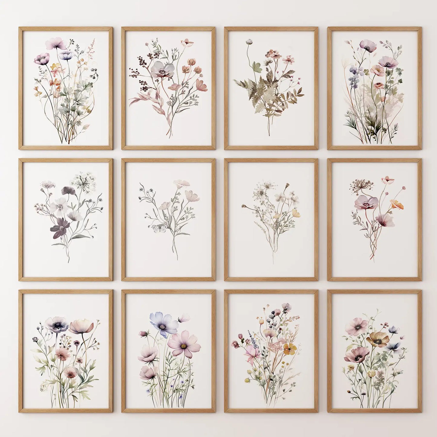 Set of 12 watercolor wildflower prints featuring soft neutral florals like poppies, cosmos, and ferns. Thinwood frames for living room.