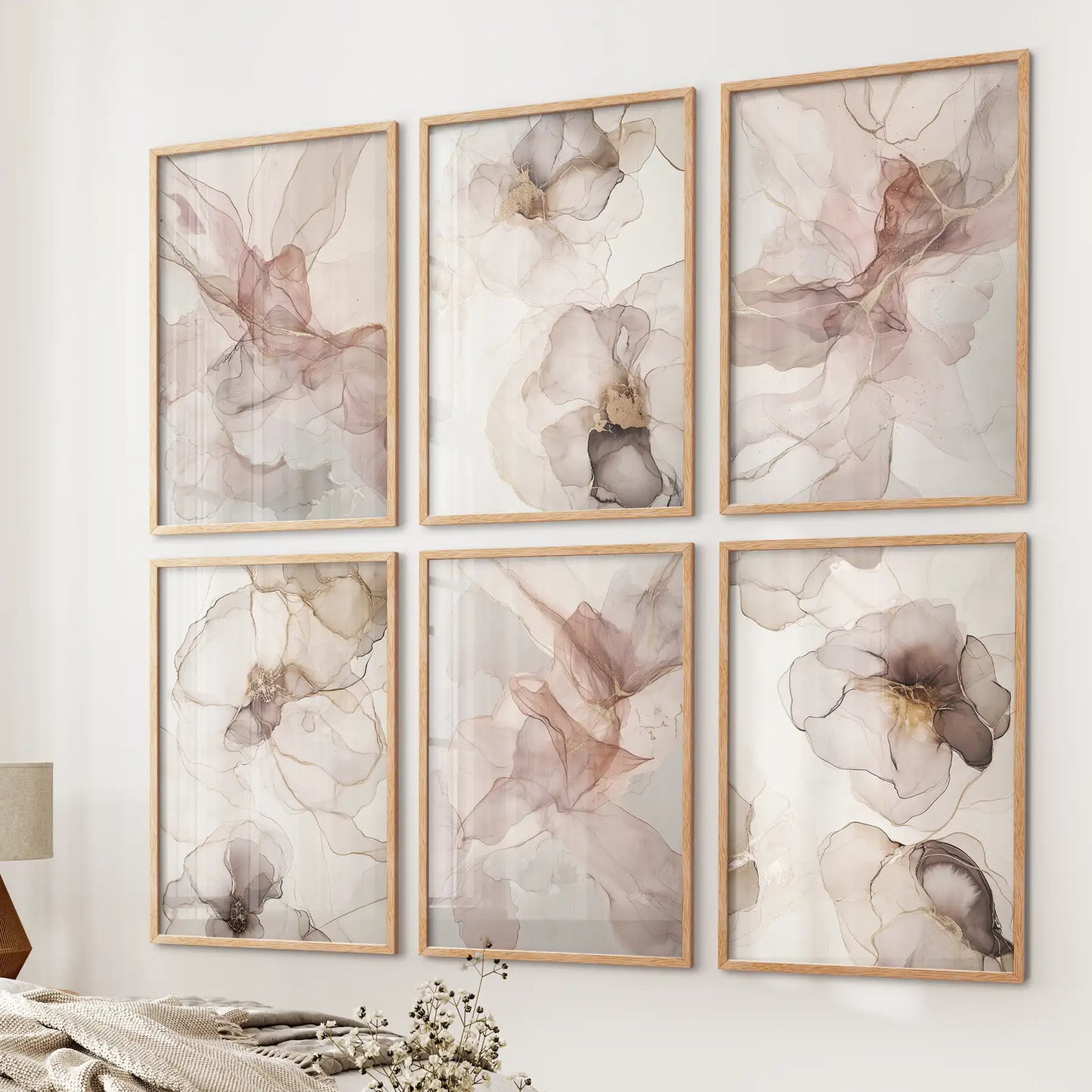 Abstract floral wall art set of 6 prints in soft neutral tones. Thinwood frames for bedroom.