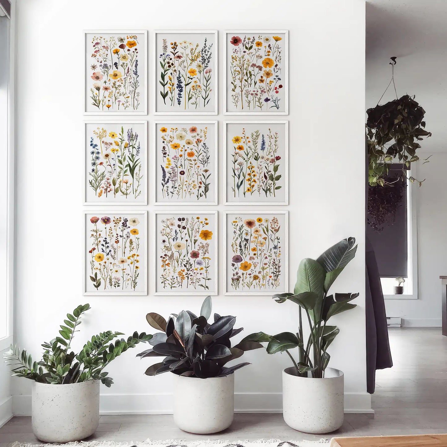 Field of flowers watercolor poster print. Wildflower decor gift wall art. White frames for apartment.