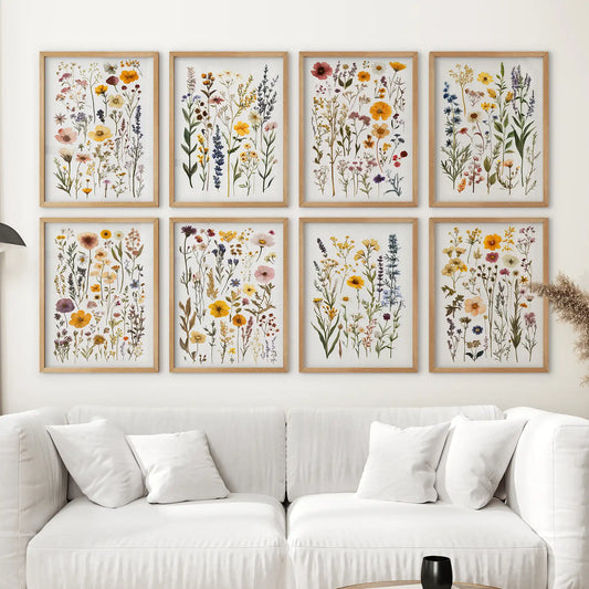 Gallery wall of 8 wildflower illustrations in soft natural tones. Chamomile, Poppy, Anemone, Wild Daisies floral art poster. Thinwood frames for living room.