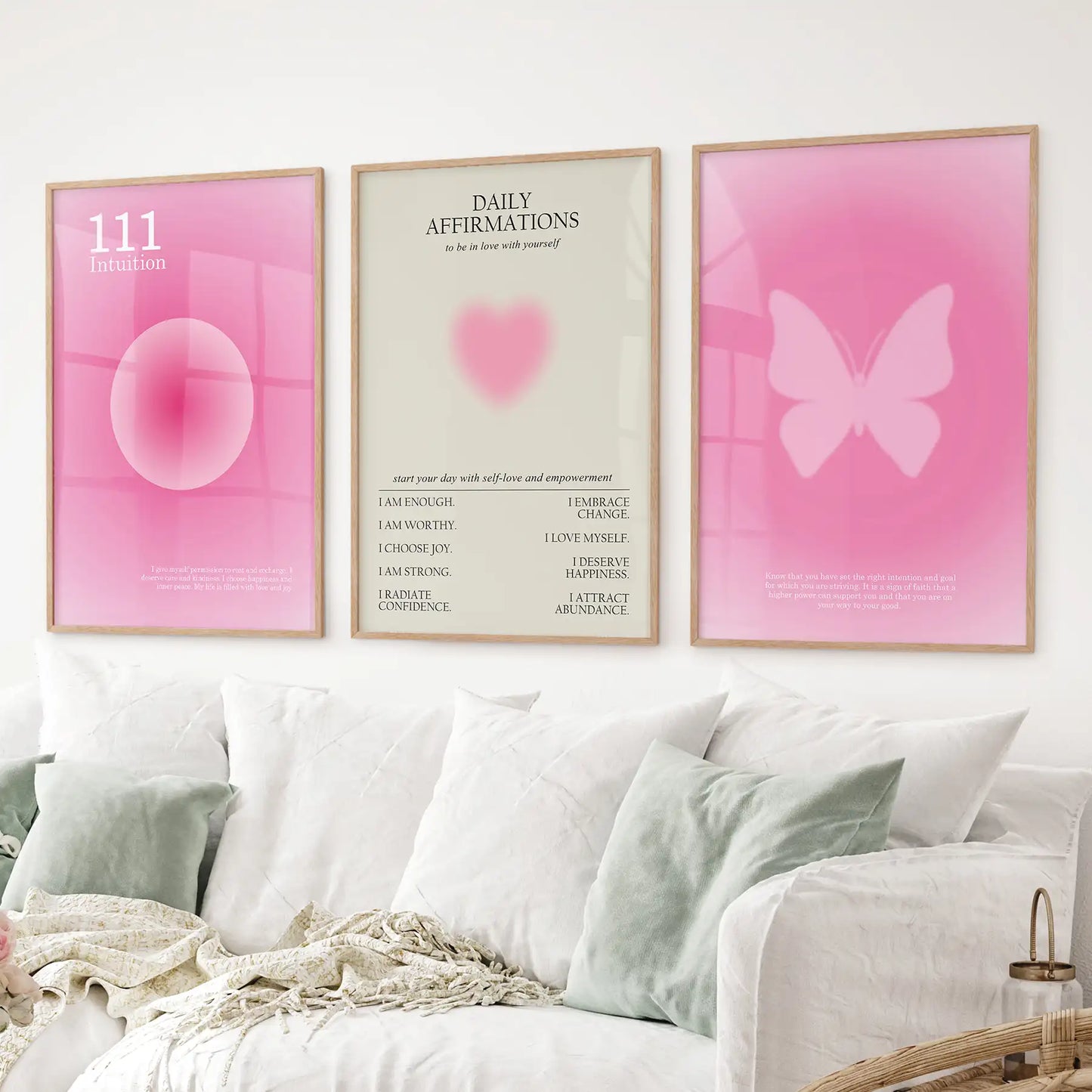 Preppy aura art prints in wood frames, set of 3 pink motivational posters for girls’ bedroom
