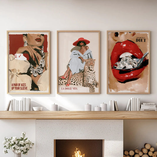 Red lips pop art, a 3-piece oak-framed wall poster set, glows above the family-room hearth and adds a glossy focal point.