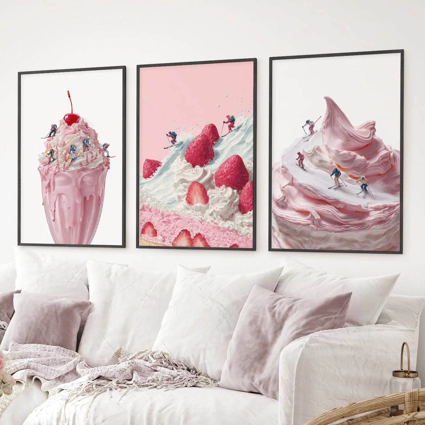 Fun milkshake art print with tiny skiers on whipped cream and cherry. Black frames above the sofa.