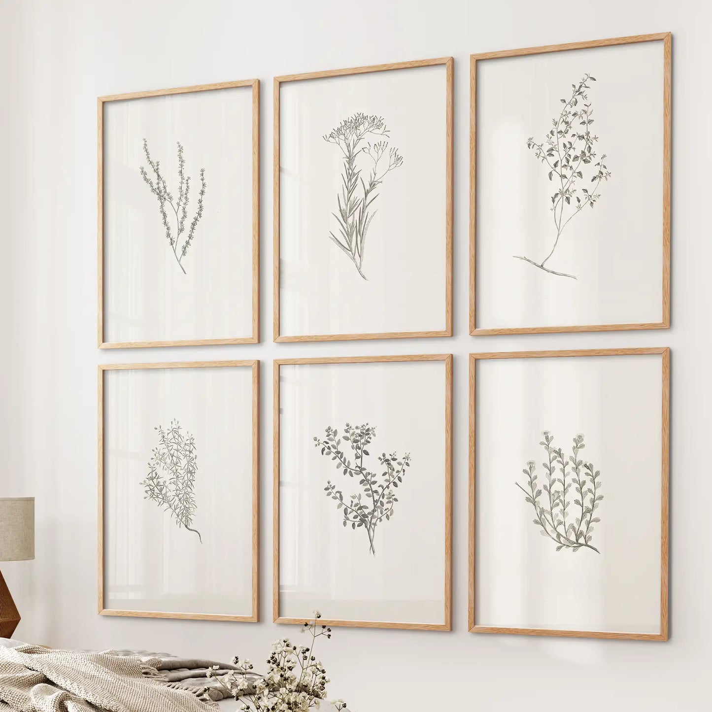 Farmhouse botanical prints. Rustic wall art set of 6 piece. Thinwood over the bed.