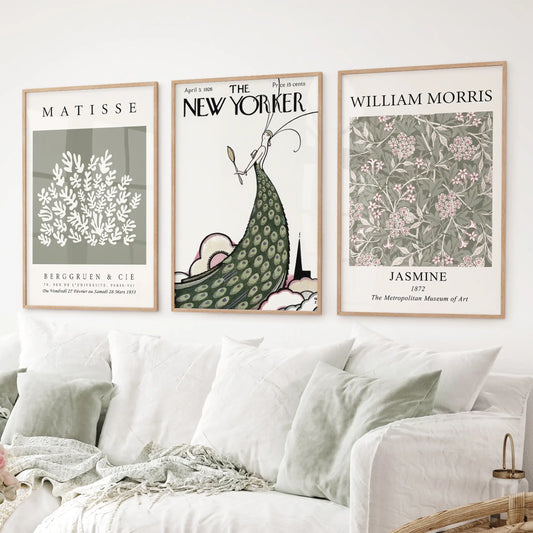 Vintage gallery wall art with Matisse, William Morris, and New Yorker cover. Thinwood frame above the sofa.