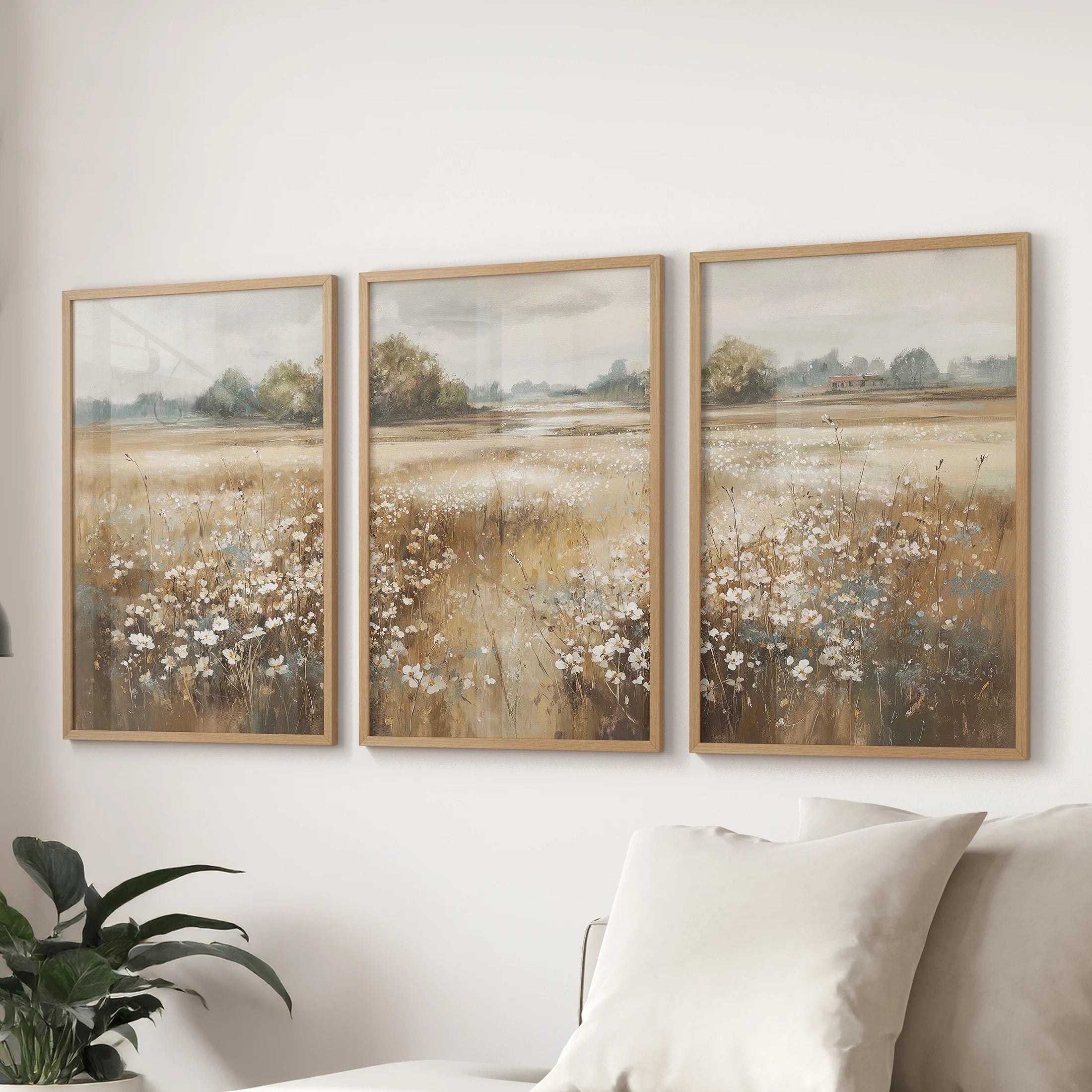 Beige Wildflower Meadow Wall Art | Country Home Decor Poster – Print Sets