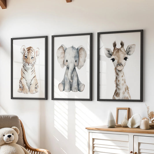 Neutral nursery wall art set of 3 featuring watercolor tiger, elephant and giraffe portraits.