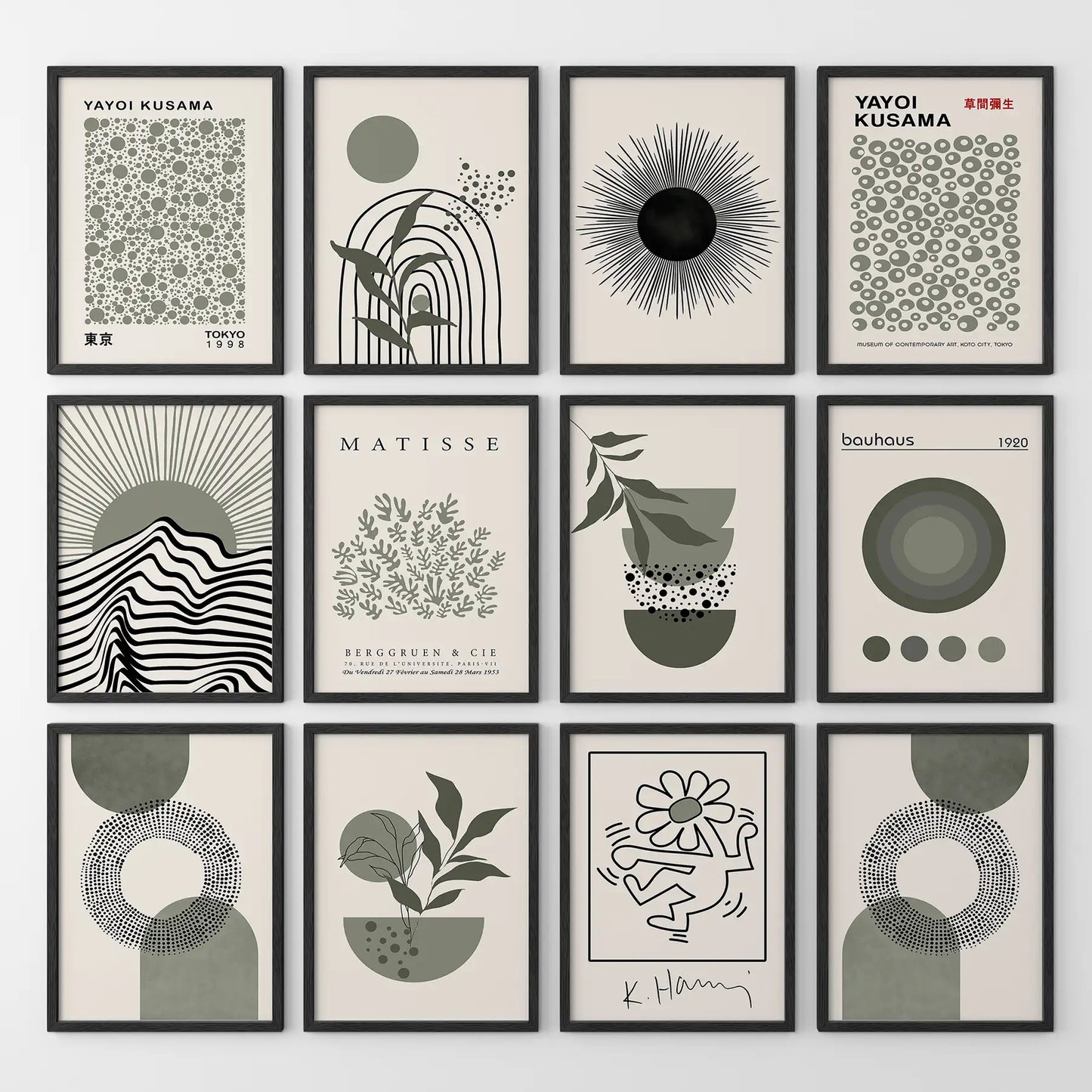 Abstract line and botanical artwork in earthy green and beige tones. Black frames for office.
