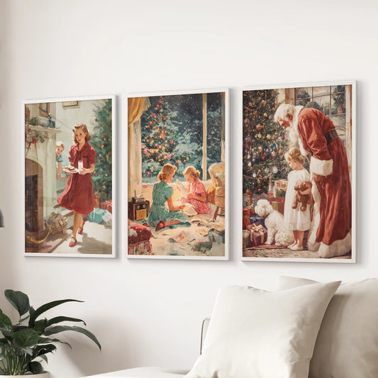Santa Claus illustrations, three wall art prints, are displayed in white frames above the sitting room sectional for a playful vintage touch.