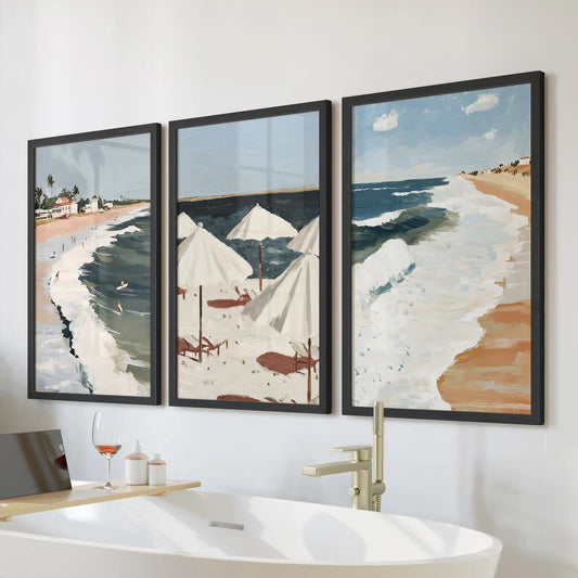 Ocean wave wall art, set of three, arrives in black frames to bring calm motion to a bathroom, hanging as a triptych above the bath.