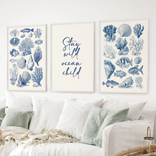 Nautical decor posters featuring shells, corals, fish, and marine life. White frames for living room.