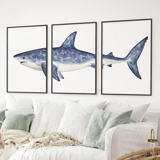 Blue shark watercolor print set. 3 piece marine animal artwork coastal wall art. Black frames for living room.