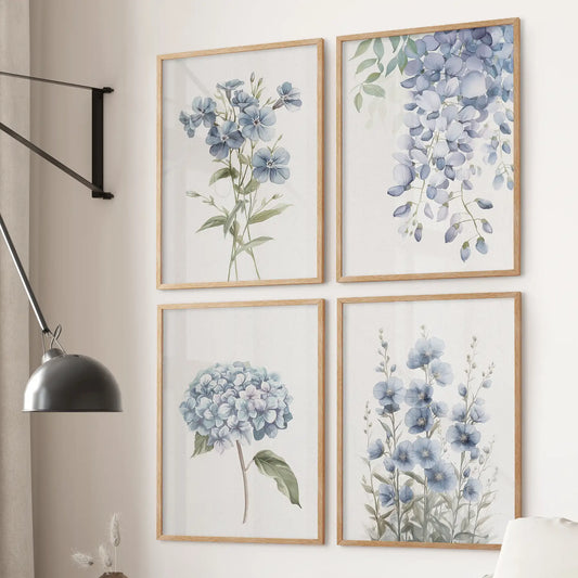 Gallery wall of soft blue watercolor floral illustrations. Set of 4 poster art decor. Thinwood frames for living room.