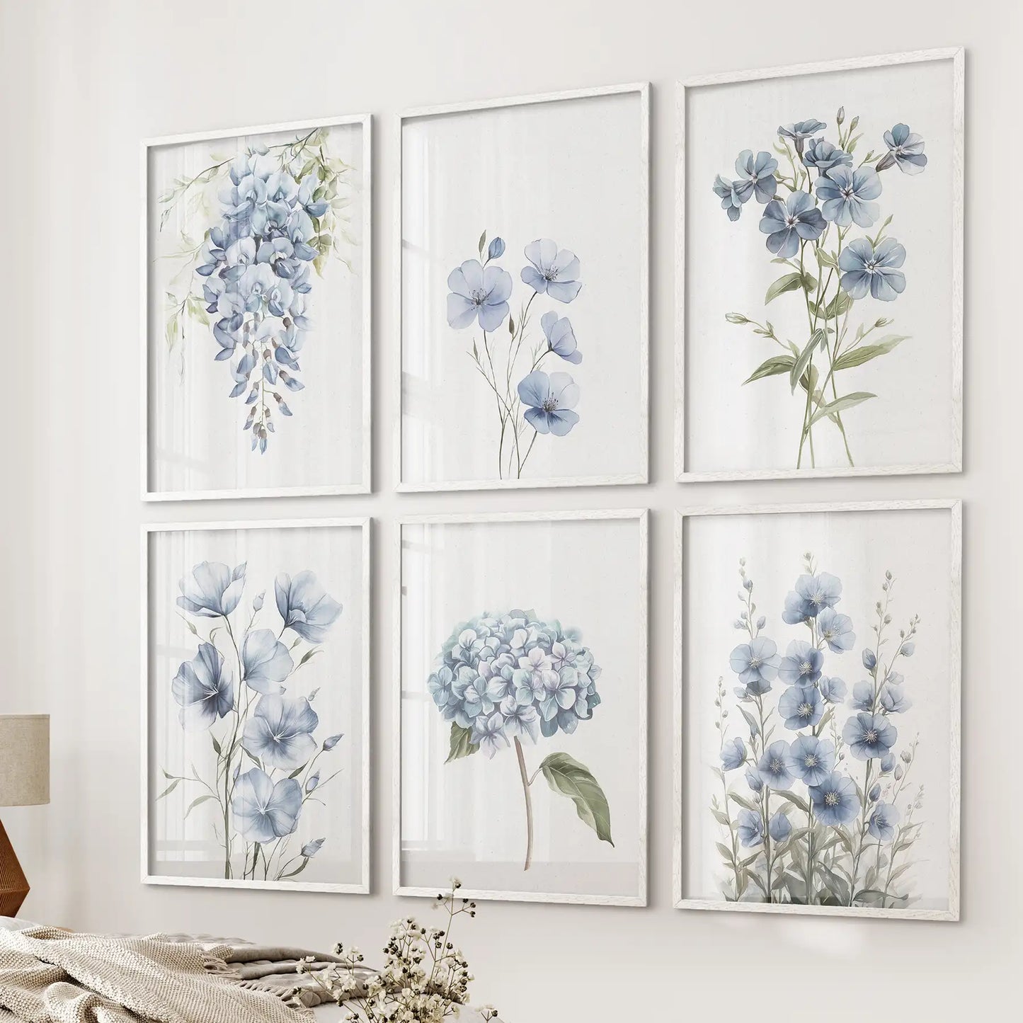 Set of 6 floral wall art prints with blue flowers like hydrangeas and wisteria. White frames for living room.
