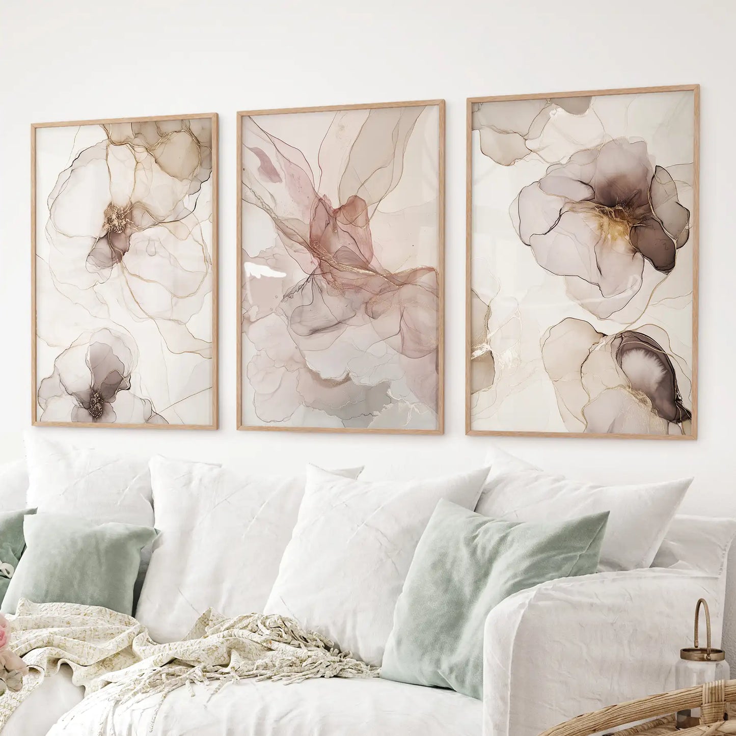 Neutral abstract watercolor wall art in wood frames, set of 3 for modern bedrooms